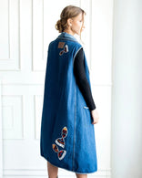Nomadic Flow Denim Vest Indigo longline sleeveless cotton denim coat with artistic patchwork made in Los Angeles
