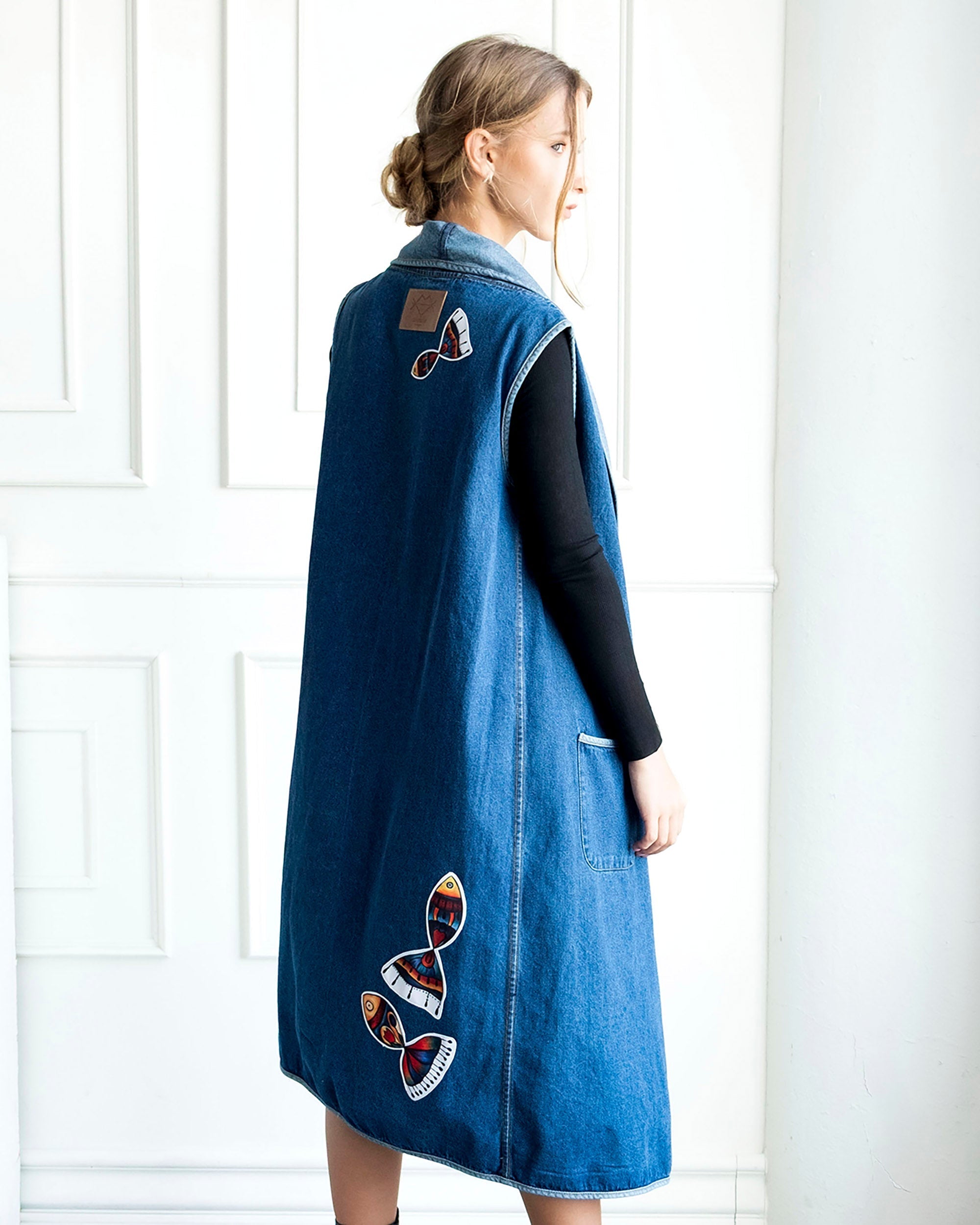 Nomadic Flow Denim Vest Indigo longline sleeveless cotton denim coat with artistic patchwork made in Los Angeles