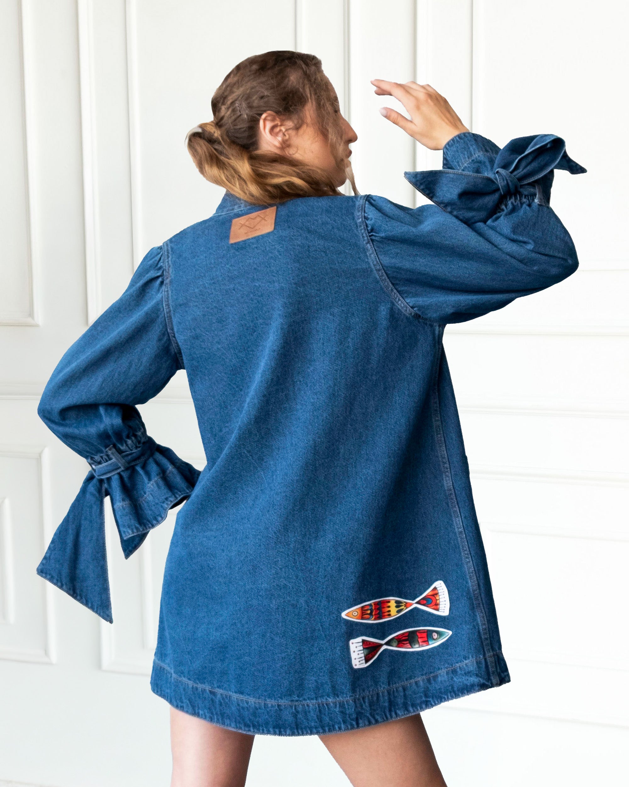 Indigo Atelier Flare Denim Jacket with patchwork detailing and voluminous sleeves made from 100% washed cotton denim