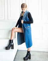 Nomadic Flow Denim Vest Indigo longline sleeveless cotton denim coat with artistic patchwork and open front design