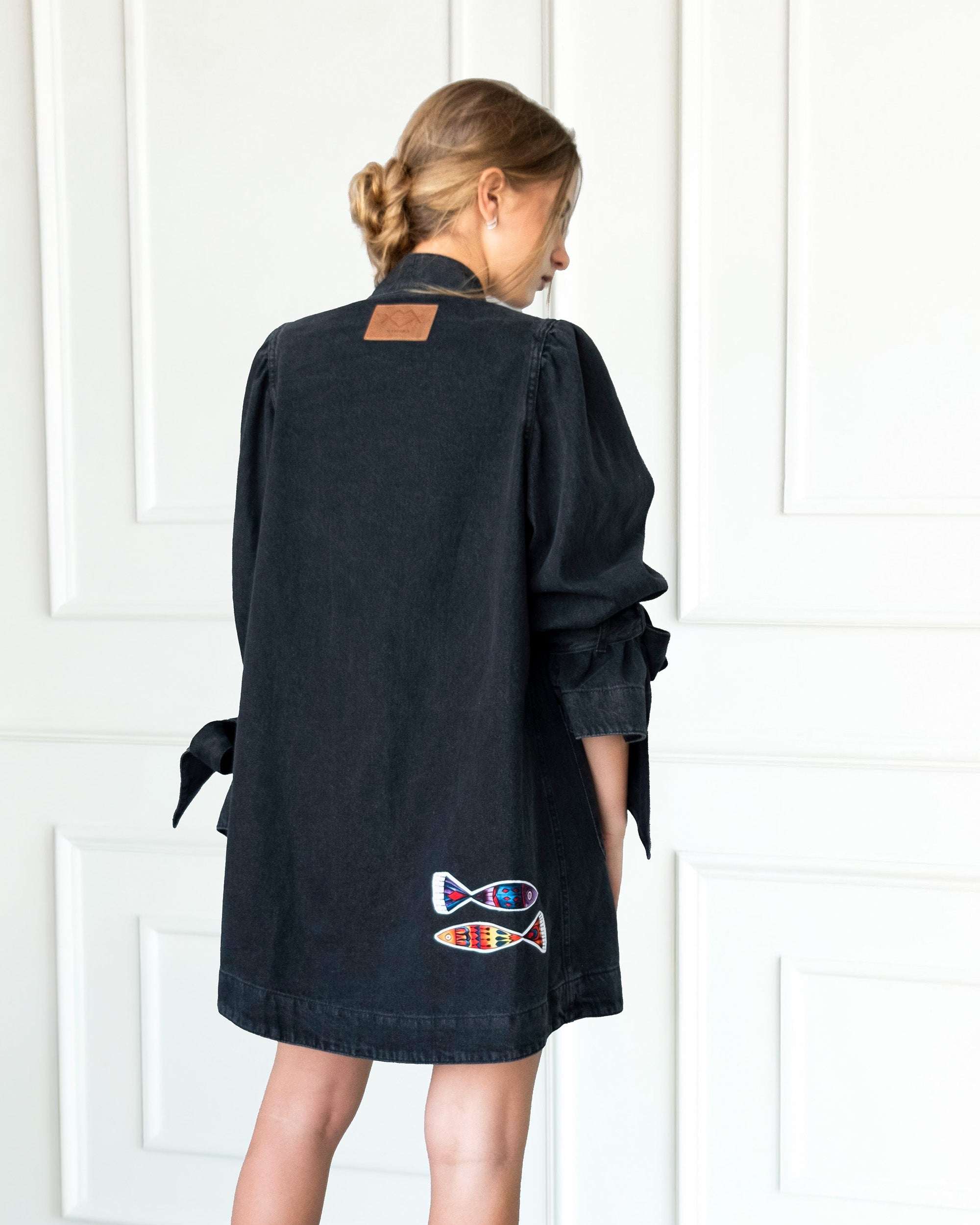 Gray Atelier Flare Denim Jacket with patchwork, voluminous sleeves, and flared cotton denim silhouette