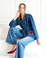 Red Peony Wrap Denim Jacket in blue washed cotton denim with red peony patchwork and wrap-front tie design