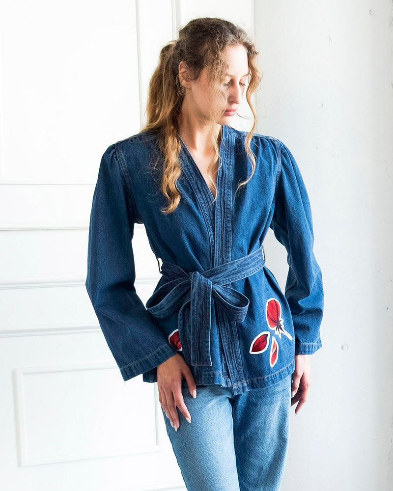 Indigo Red Peony Wrap Denim Jacket with floral patchwork and adjustable tie in cotton