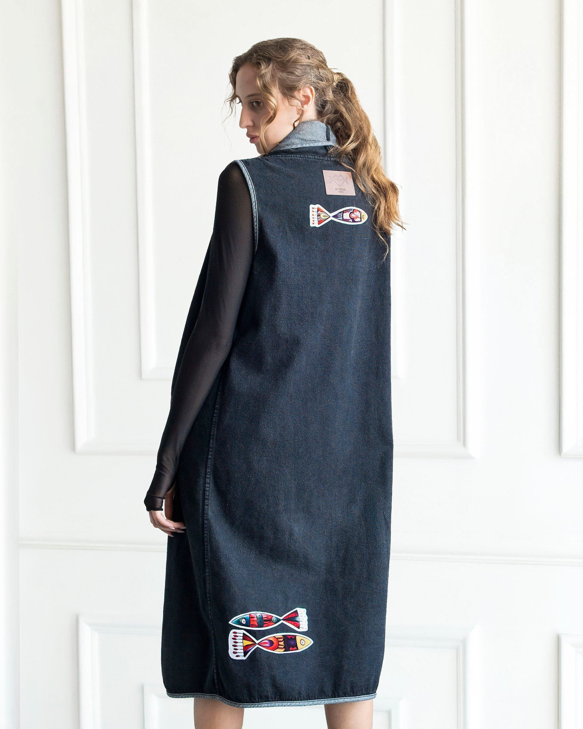 Nomadic Flow Denim Vest longline gray sleeveless cotton denim with artistic patchwork and open front design